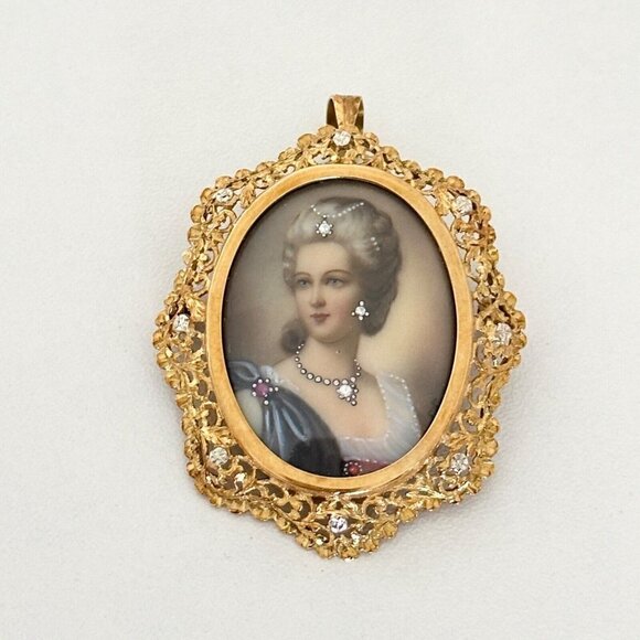 18K Yellow Gold Antique Intricate Filigree Diamond Portrait Cameo Pin Pendant - Picture 10 of 15